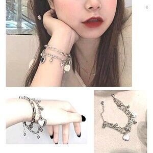 Silver HEARTS Charms Double Chain Bracelet